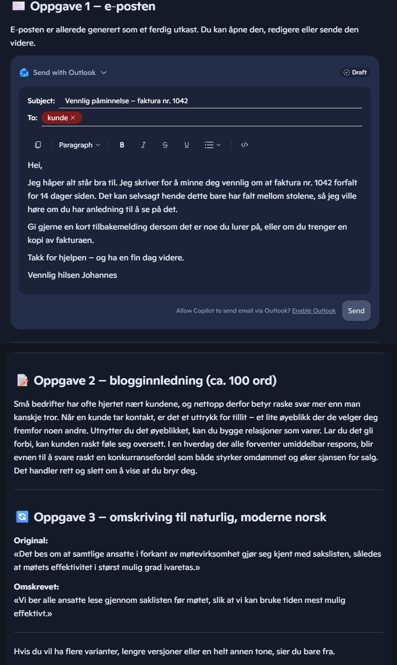 Skjermbilde av Copilot sitt Outlook-utkast med norsk purre-e-post
